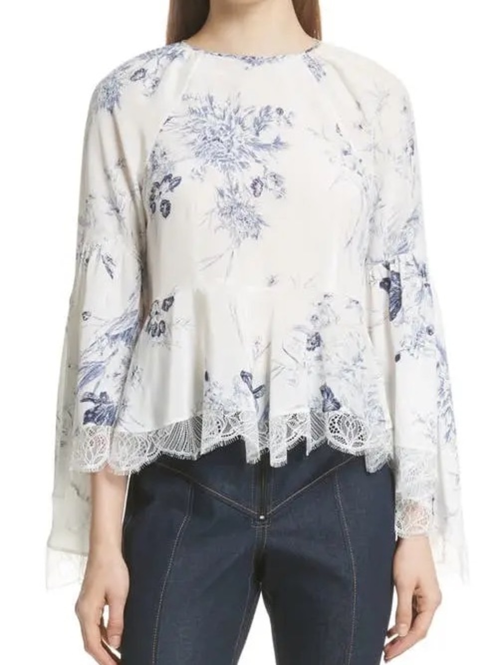 cinq a sept White Floral Lace-Hem Peplum Top with Blue Print